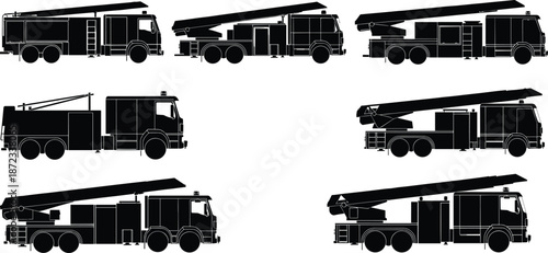 Fire truck silhouette vector set with ladder and boom variations for emergency rescue, firefighting, transport, icon design, and safety use