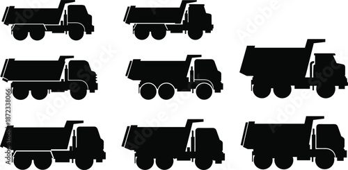 Dump truck silhouette vector set showing various industrial vehicle designs with different axles, beds, and cab styles for construction use