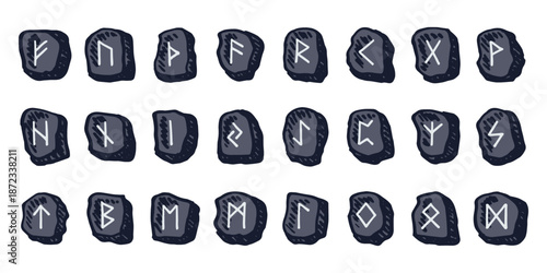 Set of hand drawn viking runes Rune stones with ancient norse alphabet characters engraved on them Scandinavian futhark germanic celtic Single element for design, print, web, decor