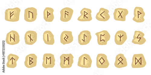 Set of hand drawn viking runes Rune stones with ancient norse alphabet characters engraved on them Scandinavian futhark germanic celtic Single element for design, print, web, decor