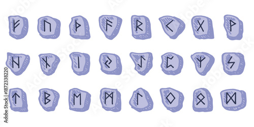 Set of hand drawn viking runes Rune stones with ancient norse alphabet characters engraved on them Scandinavian futhark germanic celtic Single element for design, print, web, decor