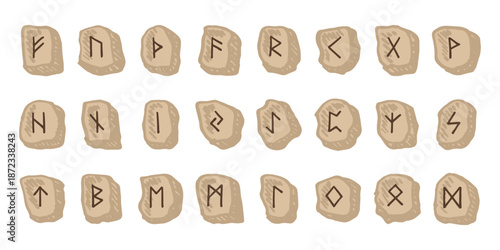 Set of hand drawn viking runes Rune stones with ancient norse alphabet characters engraved on them Scandinavian futhark germanic celtic Single element for design, print, web, decor