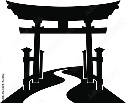 Japanese torii gate silhouette with winding path, traditional Shinto shrine entrance vector illustration for travel, culture, spirituality, and minimal design