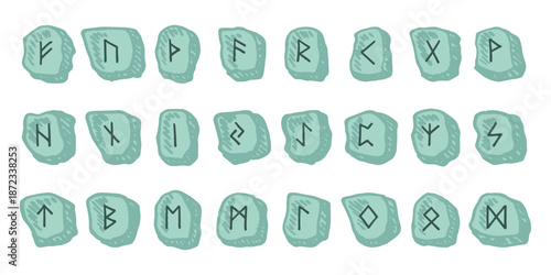 Set of hand drawn viking runes Rune stones with ancient norse alphabet characters engraved on them Scandinavian futhark germanic celtic Single element for design, print, web, decor