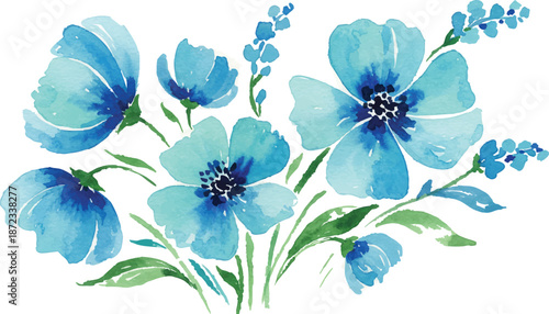 A serene bouquet of blue flowers and leaves, captured from a front viewpoint, showcasing their delicate beauty in a floral arrangement.