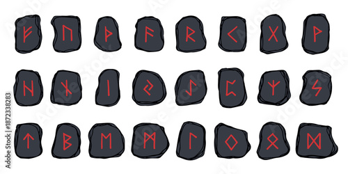 Set of hand drawn viking runes Rune stones with ancient norse alphabet characters engraved on them Scandinavian futhark germanic celtic Single element for design, print, web, decor