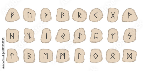 Set of hand drawn viking runes Rune stones with ancient norse alphabet characters engraved on them Scandinavian futhark germanic celtic Single element for design, print, web, decor