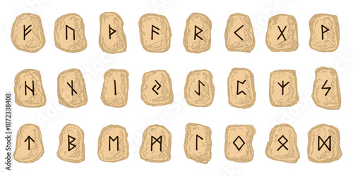 Set of hand drawn viking runes Rune stones with ancient norse alphabet characters engraved on them Scandinavian futhark germanic celtic Single element for design, print, web, decor