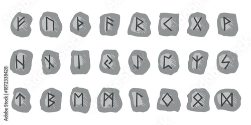 Set of hand drawn viking runes Rune stones with ancient norse alphabet characters engraved on them Scandinavian futhark germanic celtic Single element for design, print, web, decor