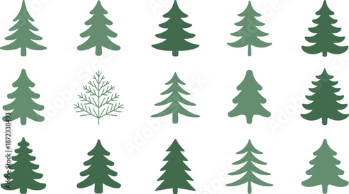 Evergreen tree silhouettes collection featuring stylized pine and fir trees isolated on white background, minimal forest nature vector illustration set
