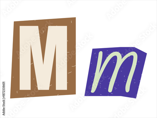 Uppercase and lowercase letter M cut out of paper. Graphic element for a scrupbooking