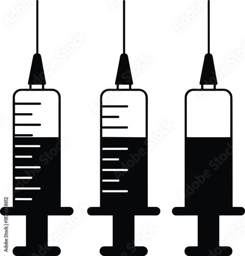 Medical syringe silhouette vector set showing injection needles for vaccination, healthcare treatment, hospital use, clinical medicine, and pharmaceutical illustration