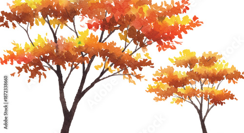 Vibrant autumn trees with orange and yellow leaves standing in a serene landscape viewed from a slight distance.