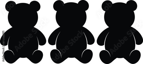 Black teddy bear silhouette icons in seated pose, simple cute animal shapes for kids design, pattern, nursery, or educational use