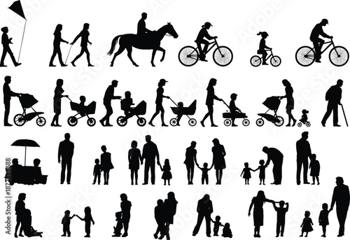Family Life Silhouette Collection Showing Parents and Children Walking, Playing, Cycling, Pushing Strollers, Outdoor Activities, Parenting Stages, and Everyday Family Moments