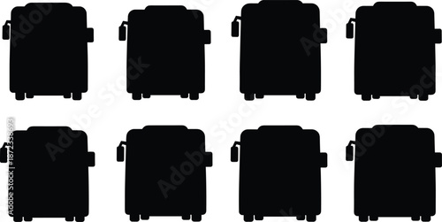 Black suitcase silhouette vector set with wheels and handles in uniform travel design for luggage icon, transport, packing, and tourism use