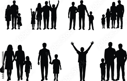 Family silhouette set showing parents and children standing, walking and celebrating together, black vector illustration of happy family relationships isolated on white background