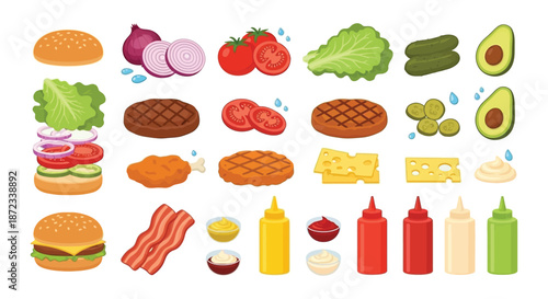 Fresh burger ingredients and condiments arranged in a colorful illustrative display