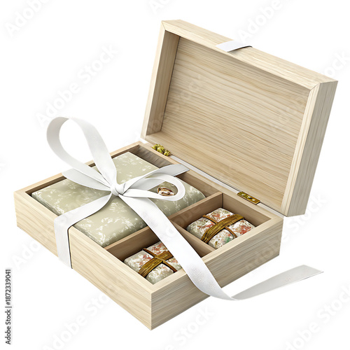 open gift box made of wood with white ribbon  isolated on a transparent background