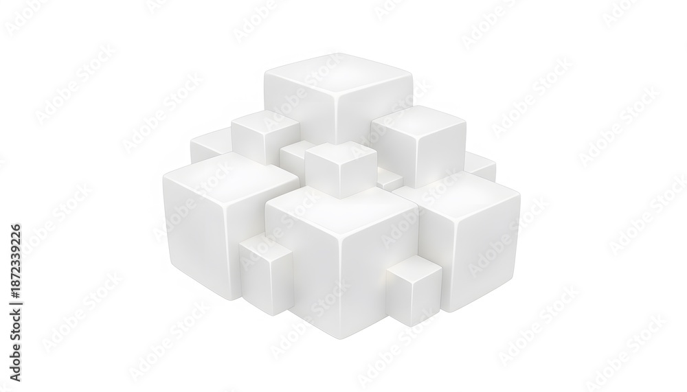 Obraz premium Abstract white geometric cube cluster sculpture isolated on a pure white background, minimalist design for modern decor or artistic representation