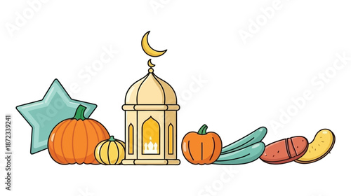 Islamic lantern with pumpkins and crescent moon