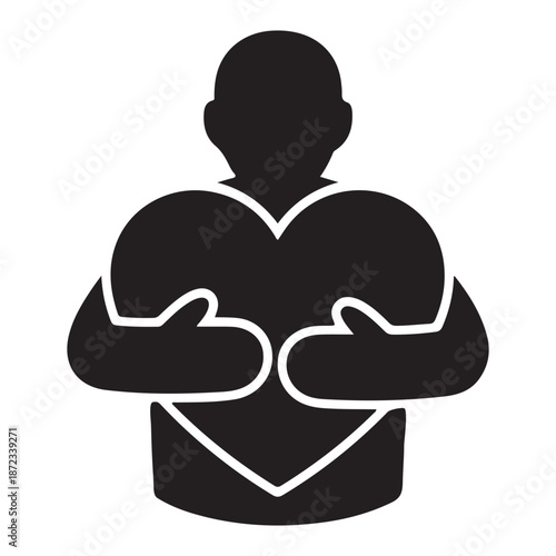 Man hugging large heart symbolizing self love and care