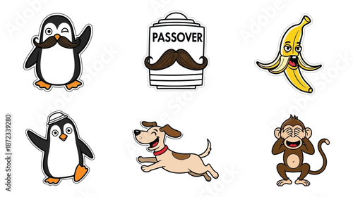 Collection of six cartoon animal and object stickers