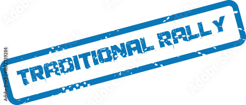 A blue grunge stamp reads Traditional Rally on a clean white surface