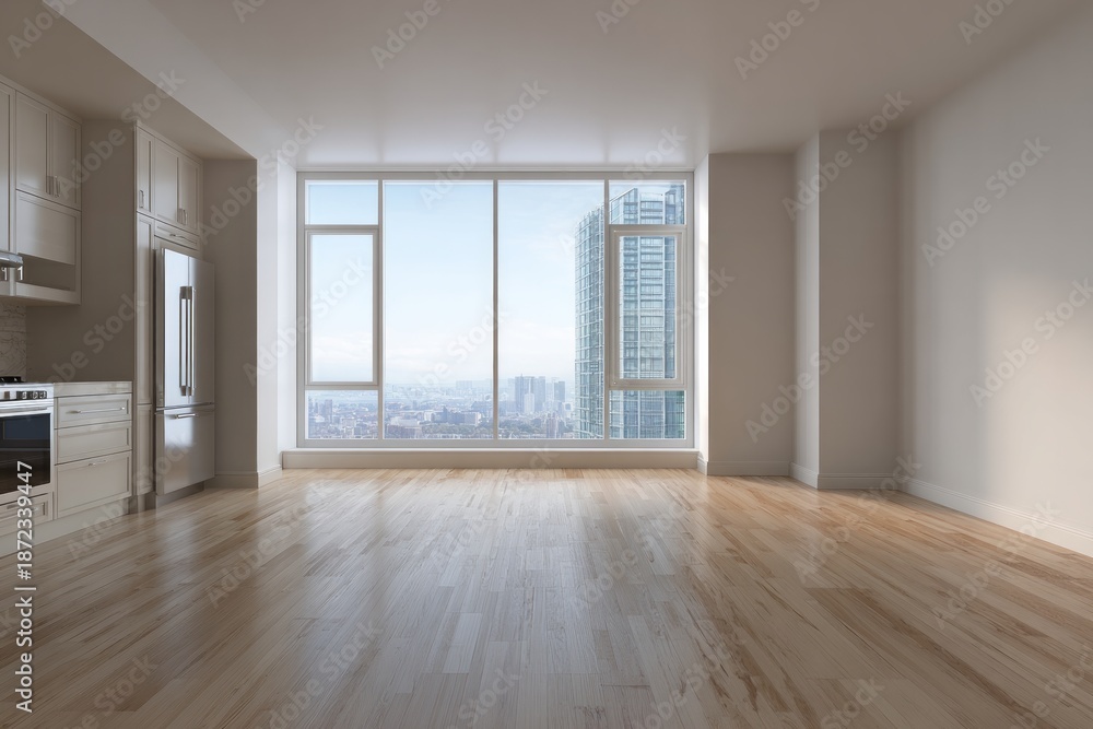 Fototapeta premium Bright, modern apartment with a kitchen and large window views.