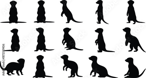 Fifteen black meerkat silhouettes in varied poses and orientations, ideal for wildlife design, animal behavior studies, and educational illustrations