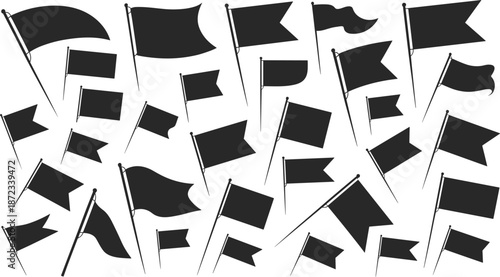 Flag silhouettes collection featuring various waving flags on poles isolated on white background, symbol icons, banner shapes vector illustration set