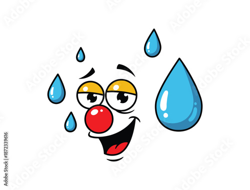 Funny cartoon face with water drops and a red nose