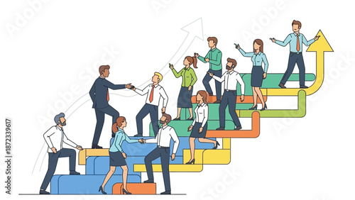 Diverse business team collaborating and climbing colorful career steps illustrating partnership and progress