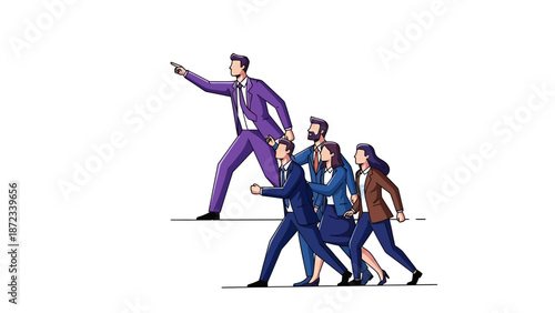 Business leader pointing to future guiding team of colleagues towards successful business goal and vision Business Leadership Concept. Vector illustration in flat style of group of diverse people 