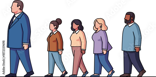Business Leadership Concept. Vector illustration in flat style of group of diverse people in business outfits walking up the steps following a leader looking ahead. Isolated on background