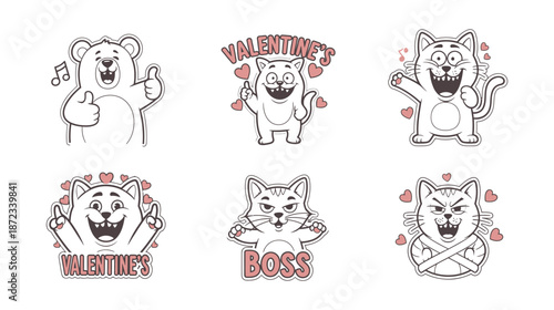 Cute cartoon stickers featuring animals with valentine's and boss themes