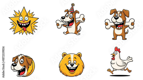Collection of six funny cartoon animals and a star