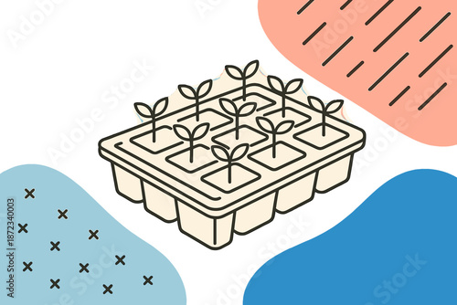 Seedlings grow in trays on colorful background with patterns and shapes