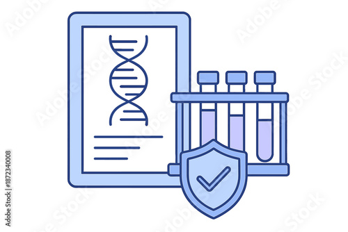 Laboratory display of DNA research alongside test tubes and a security symbol for safety in scientific work
