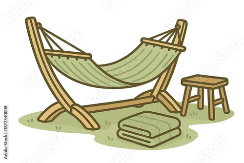Hammock with wooden stand and stool in grassy outdoor space during daylight hours