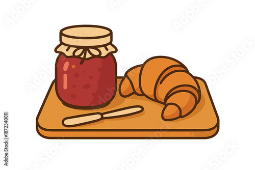 Croissant and jam on a wooden board with a knife at breakfast time