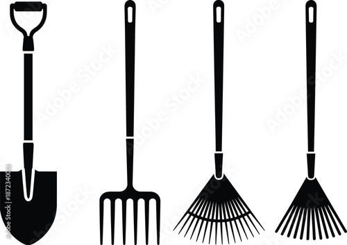 Garden tools silhouette collection featuring shovel, pitchfork and leaf rakes, black minimalist vector illustration of gardening equipment isolated on white background