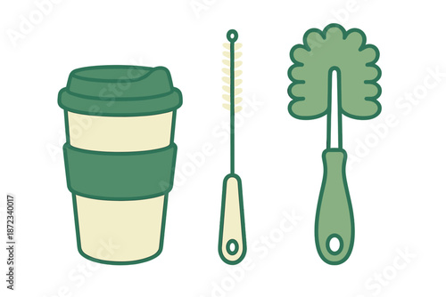 Reusable coffee cup and cleaning tools for daily use in food and drink preparation