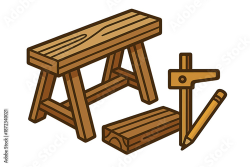 Woodworking tools and materials on a workbench used for crafting furniture and projects in a workshop environment