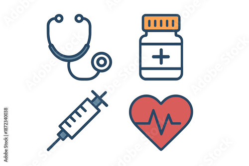 Health symbols including a stethoscope, medicine bottle, syringe, and heart icon related to healthcare