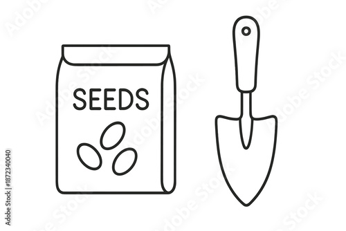 Tools and materials for planting seeds in a garden setting during spring