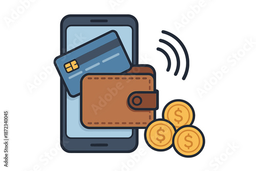 Mobile wallet displays card payment method with coins, showing modern financial transaction in digital space