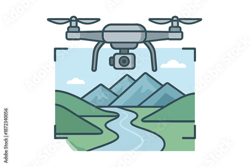 Drone flies over mountains and river during a bright day with a clear sky and green hills
