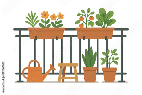 Plants and gardening tools on balcony with containers and watering can during daytime in a simple outdoor space