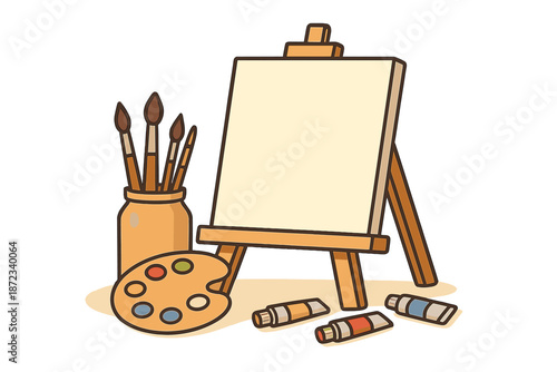 Blank canvas, paint supplies, brushes, and palette set up for art creation in a studio space